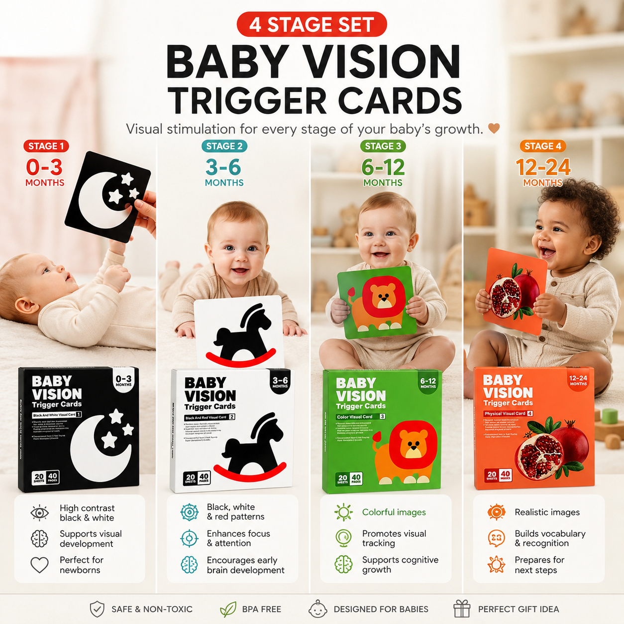 Schwarz-Weiße Baby-Lernkarten 0–36 Monate – Visuelle Stimulation & Frühkindliche Entwicklung, Kontrastkarten zur Farbverfolgung und kognitiven Förderung, Ideales Weihnachtsgeschenk