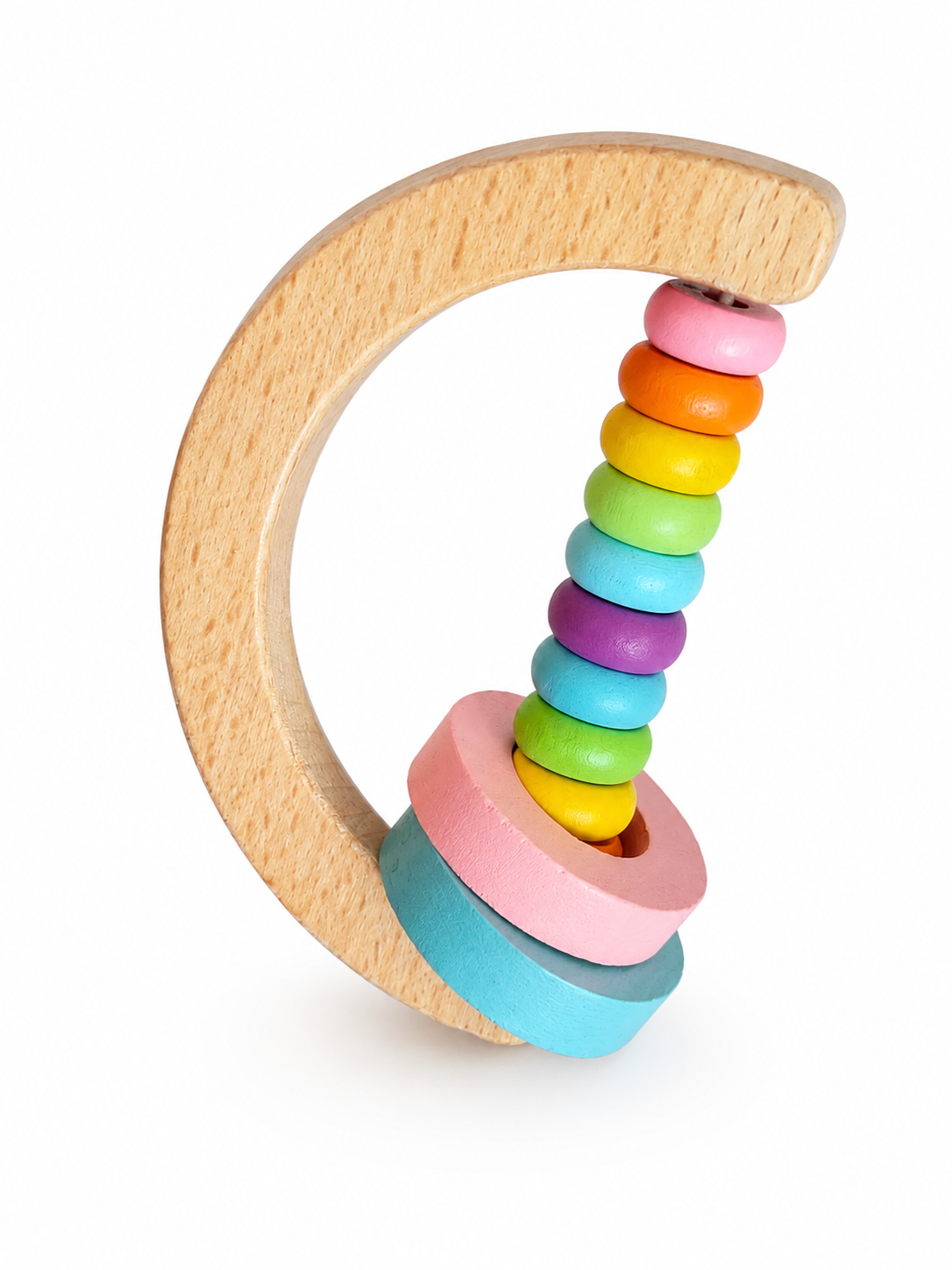 4-teiliges Babyspielzeug-Set aus Holz – Beißring für das Handgelenk und Glöckchen