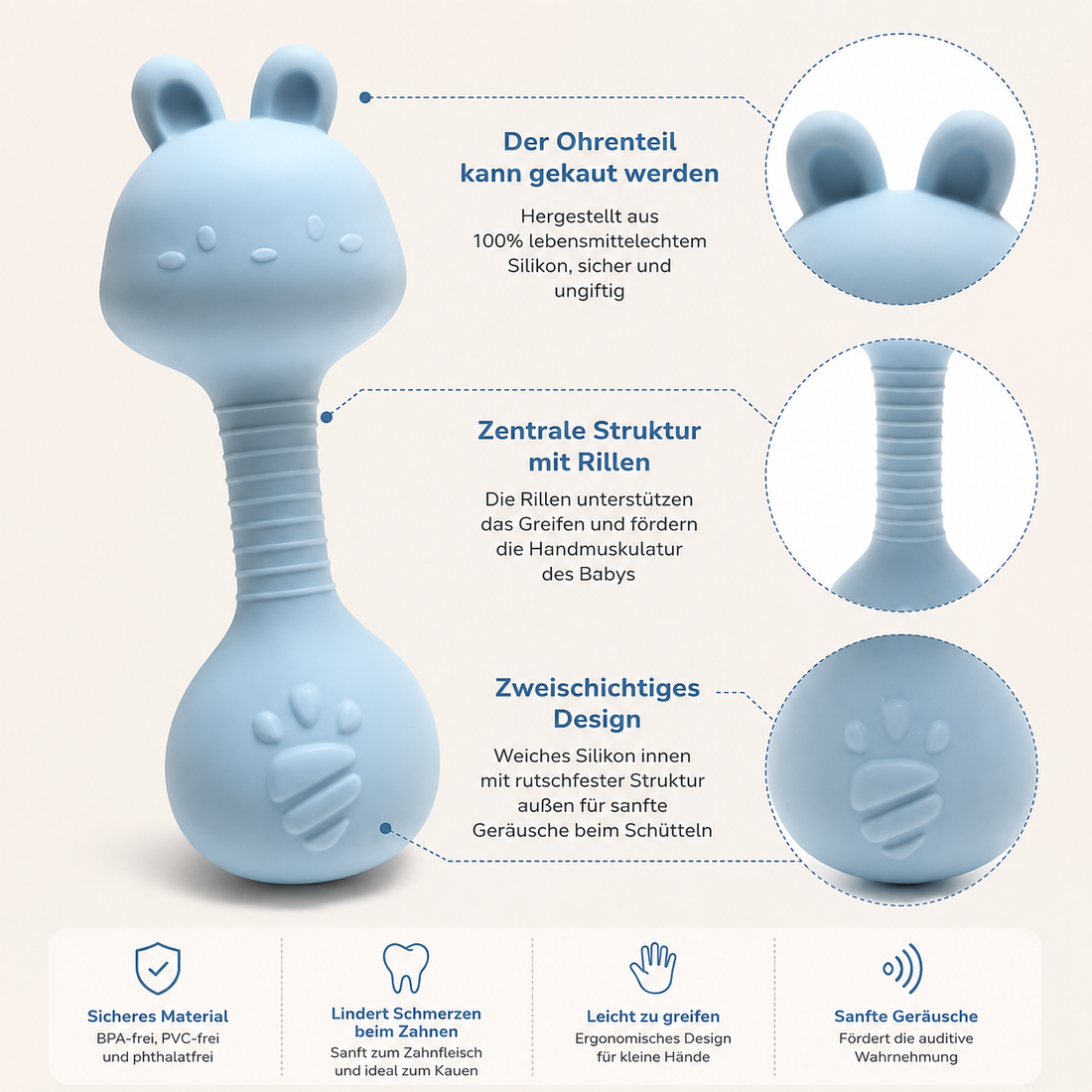 Baby Rassel und Beißring Häschen | Weiches Sicheres und BPA-freies Silikon