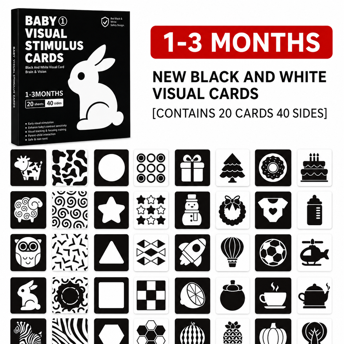 Schwarz-Weiße Baby-Lernkarten 0–36 Monate – Visuelle Stimulation & Frühkindliche Entwicklung, Kontrastkarten zur Farbverfolgung und kognitiven Förderung, Ideales Weihnachtsgeschenk