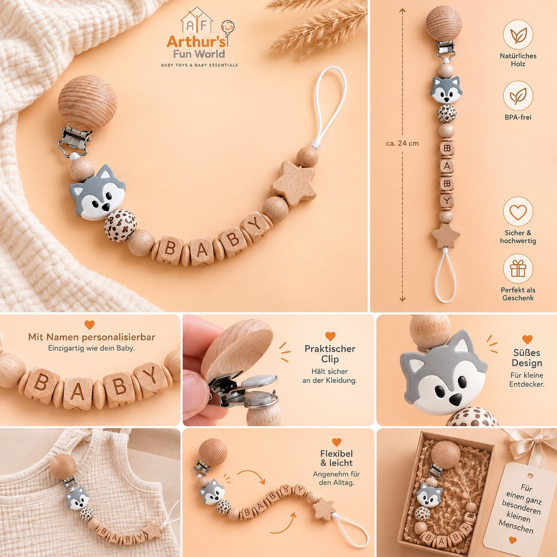 Personalisierter Schnullerhalter aus Holz | Handgefertigter Baby-Schnullerclip | Sicher & Stilvoll